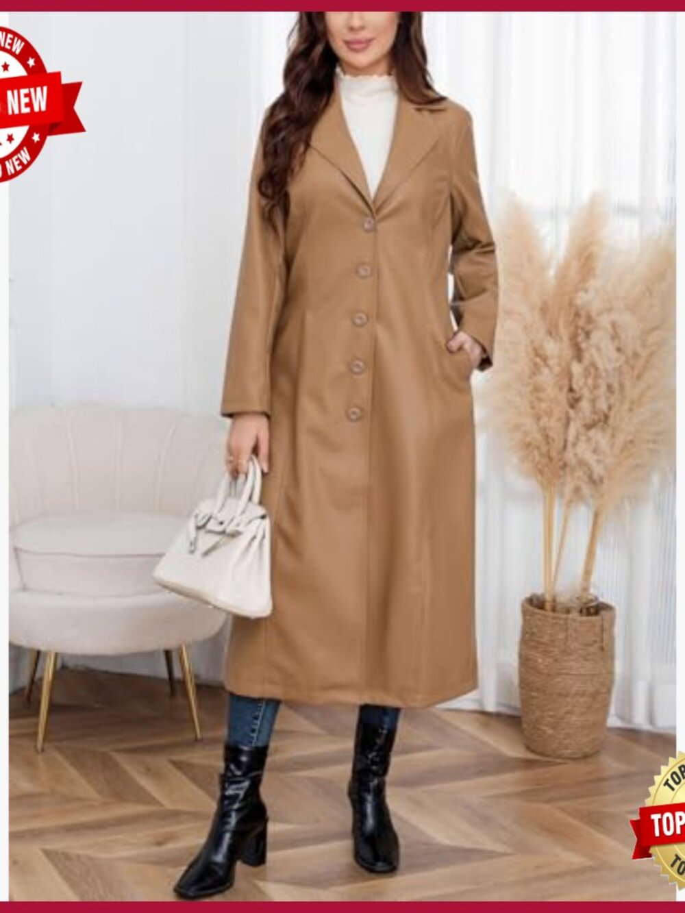 Faux Leather Trench Coat Maxi Length Lapel Button Down Overcoat - Picture 3 of 7